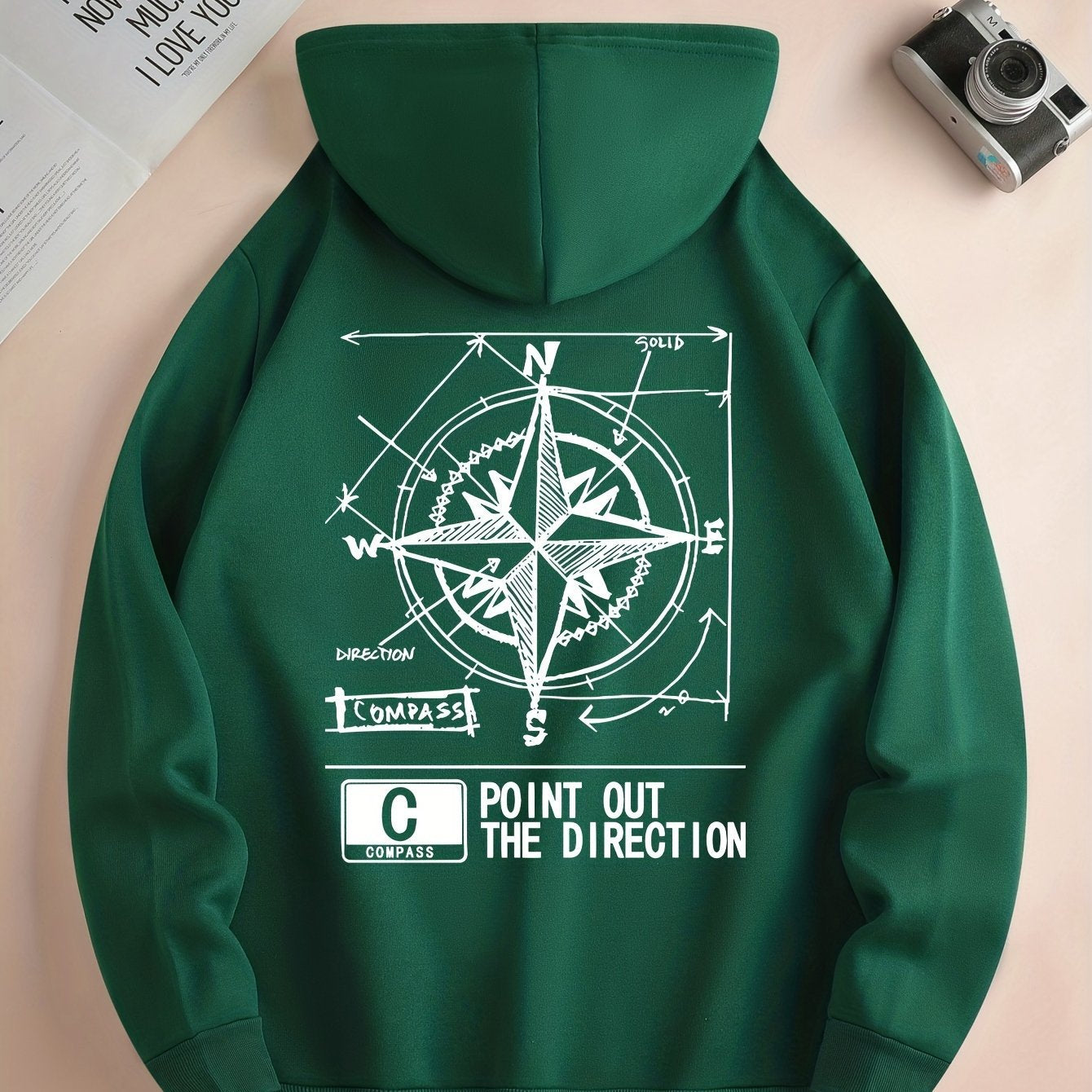 Fashion Green Compass Pattern Hoodie Casual Autumnwinter Pullover With Drawstring Kangaroo Pocke