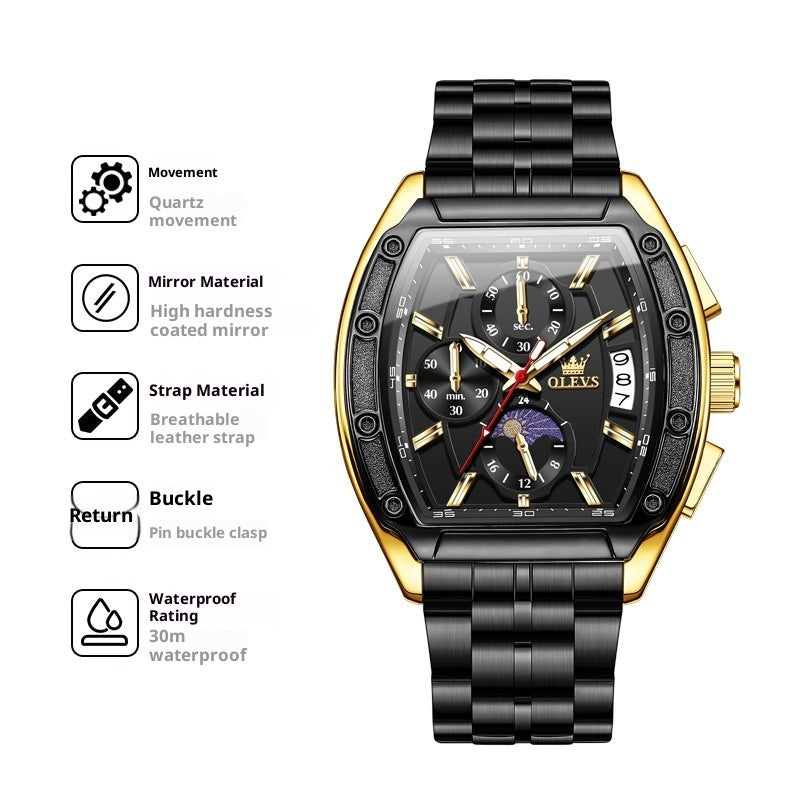 Steel Belt Tonneau Quartz Luminous Men's Watch
