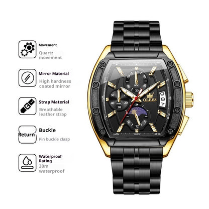 Steel Belt Tonneau Quartz Luminous Men's Watch
