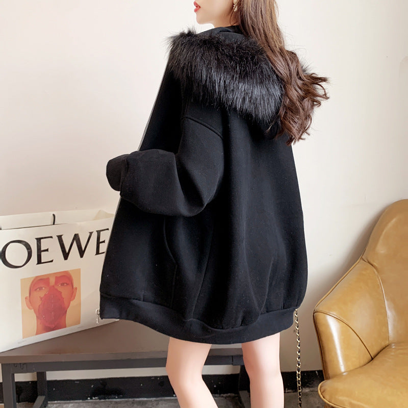 Plus Size Fleece-lined Thicker Hooded Cardigan Sweater Loose Design