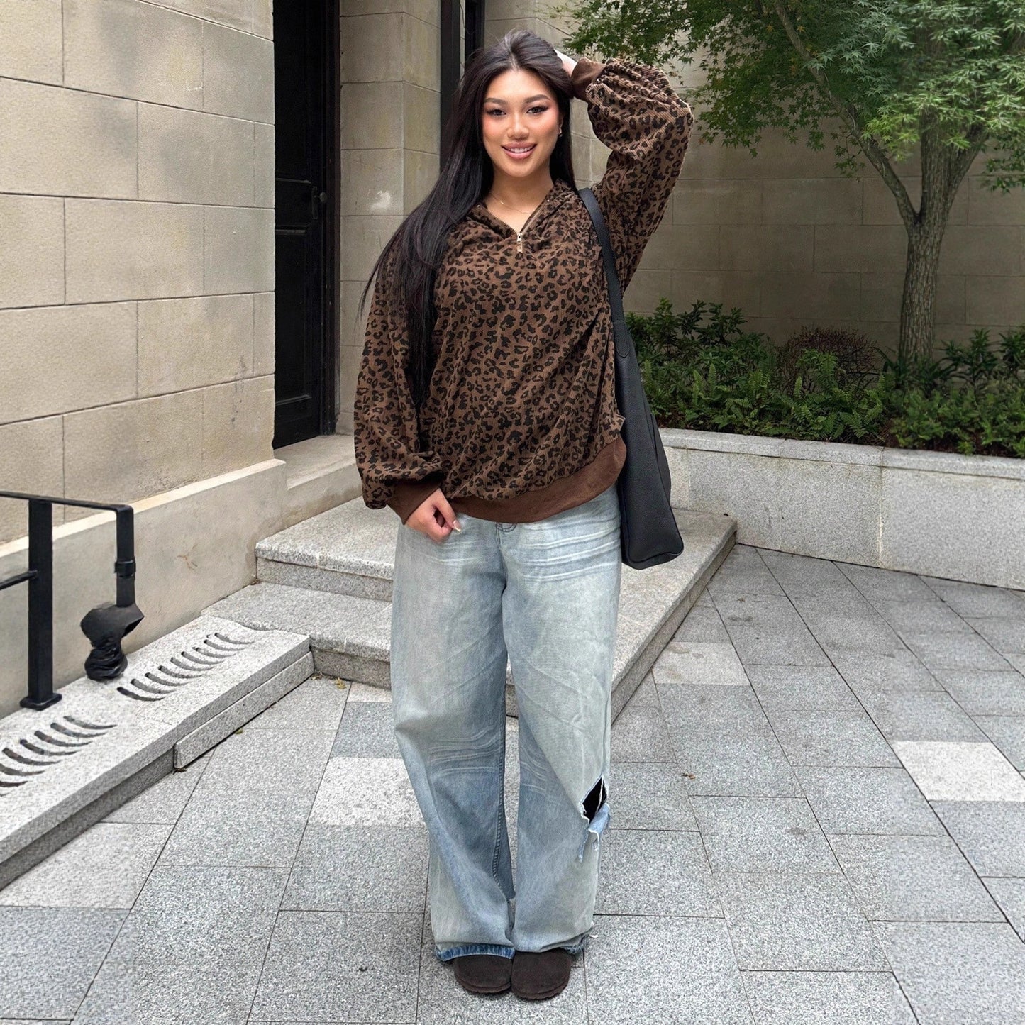 Women's Leopard Print Zip-up Hooded Long Sleeve Sweatshirt