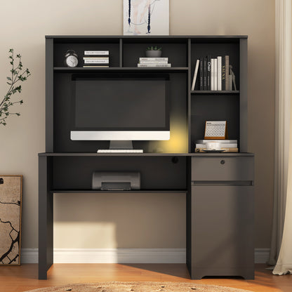 Computer Desk With Hutch & Bookshelf,Wood Executive Desk Teens Student Desk Writing Laptop Home Office Desk With Drawers,3 AC Outlets And 2 USB Charging Ports,Study Laptop Table For Home