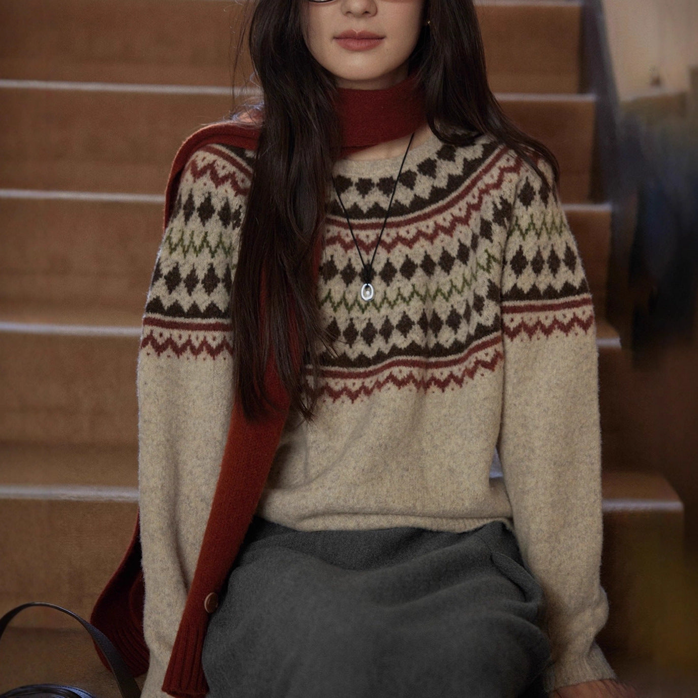 Wool Fair Isle Knit Crewneck Sweater Women Soft Top