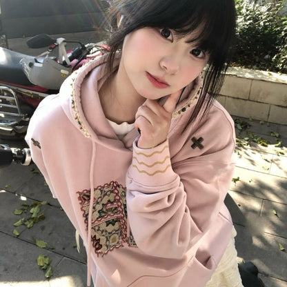 American Retro Patch Embroidery Hooded Sweatshirt Women