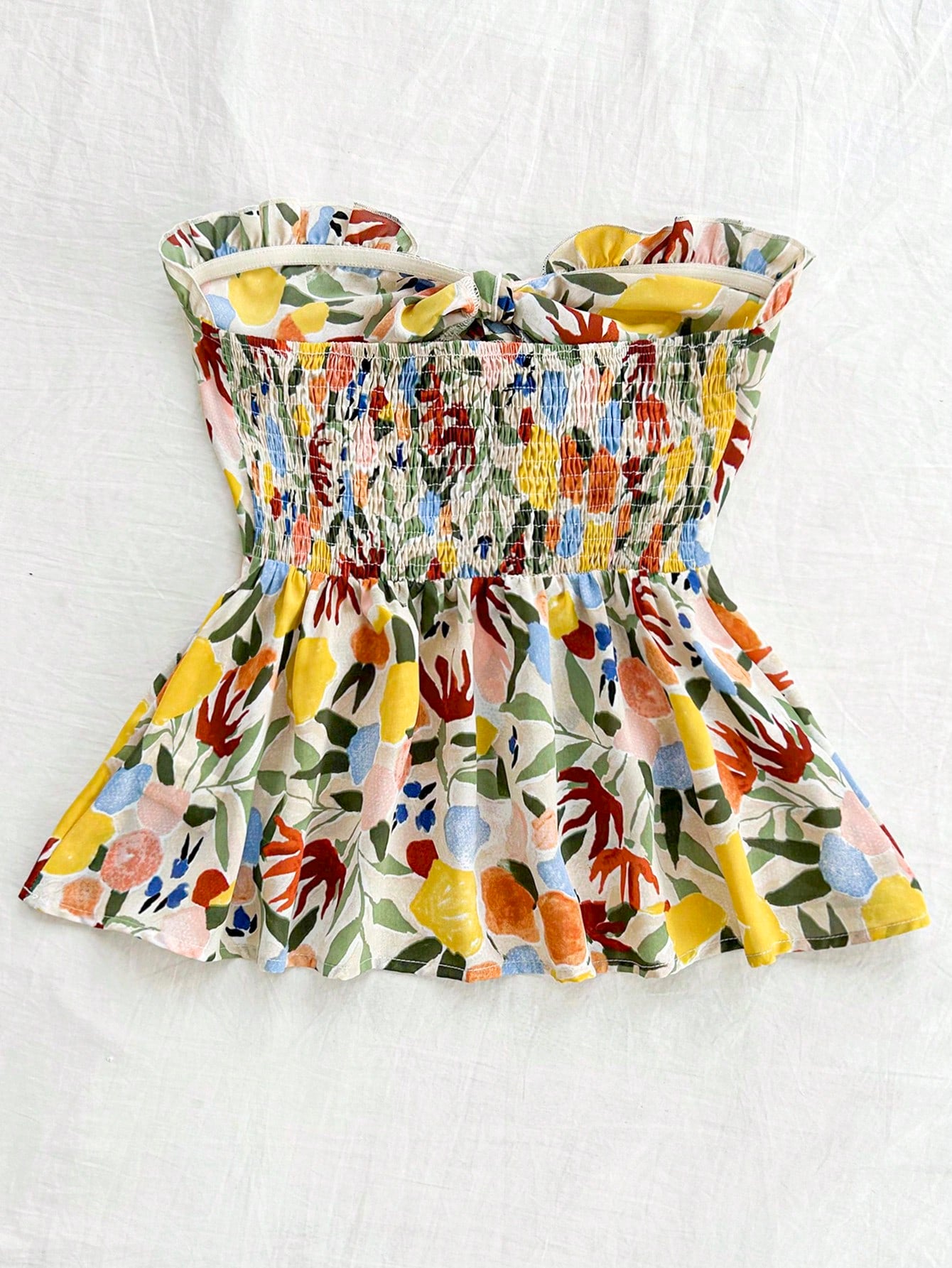 Strapless Cinched Waist Ruffle Hem Floral Printed Vacation Top