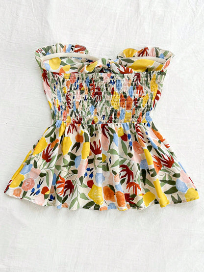 Strapless Cinched Waist Ruffle Hem Floral Printed Vacation Top