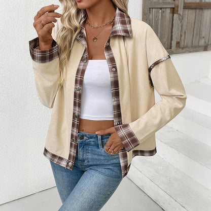 Copy of Flip collar plaid corduroy patchwork autumn women's jacket