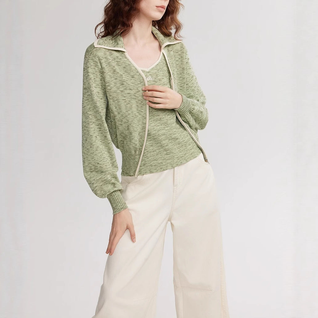 Simple Ribbed Waist-Cinched Women's Knit Sweater, Outdoor Sporty V-Neck Jacket