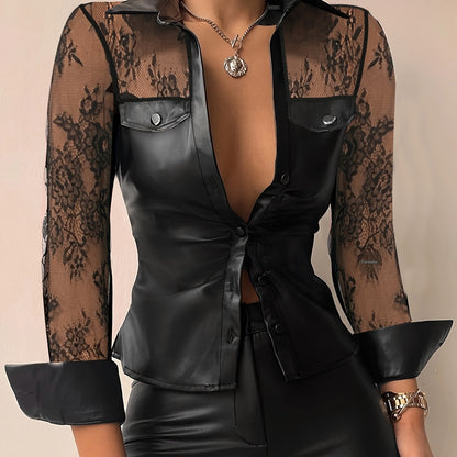 Lace Stitching PU Leather Shirt For Women