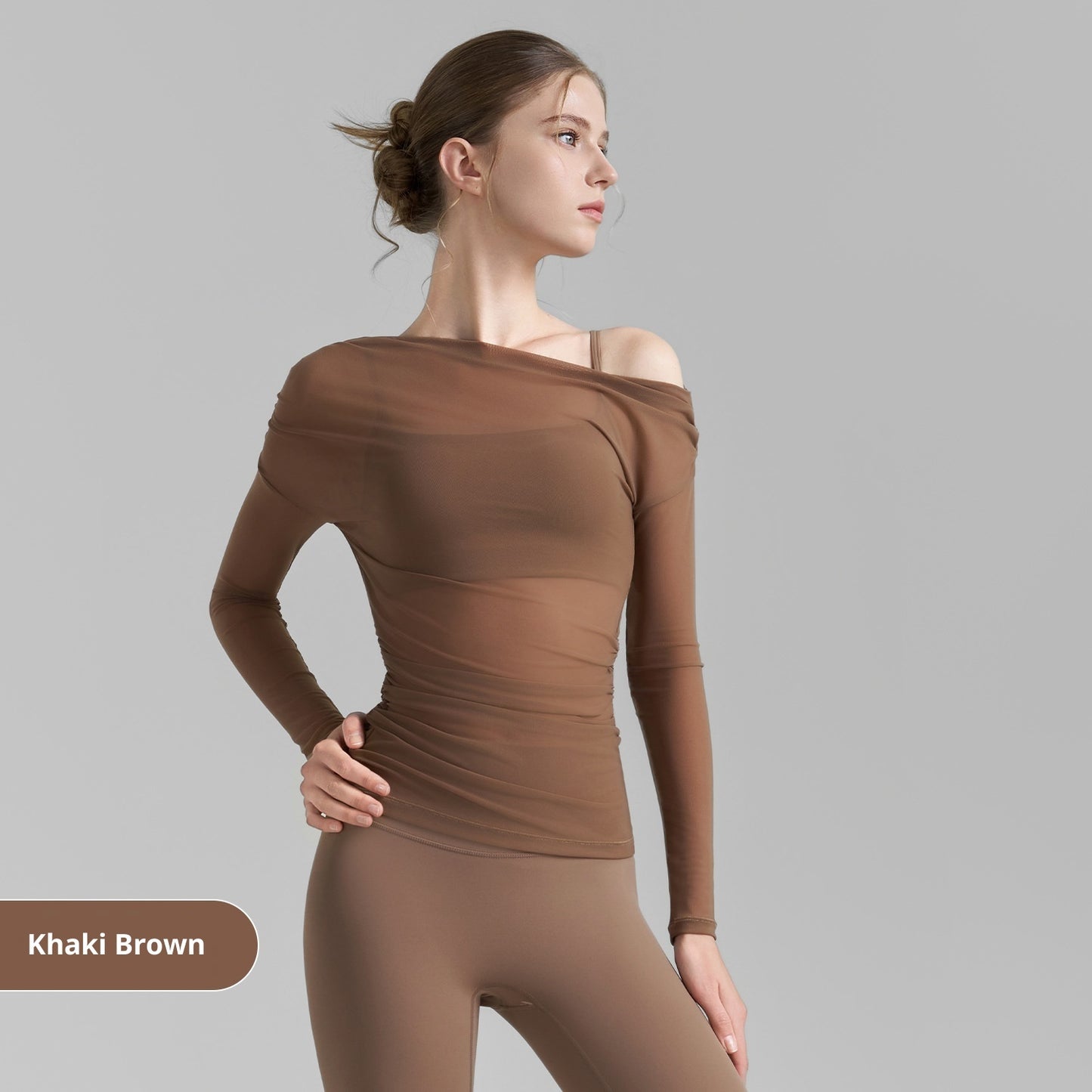 Oblique Shoulder Mesh Yoga Shirt Pleated Sports Top