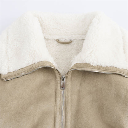 Threaded Hem Loose Fleece Warm Thickened Short Jacket For Women