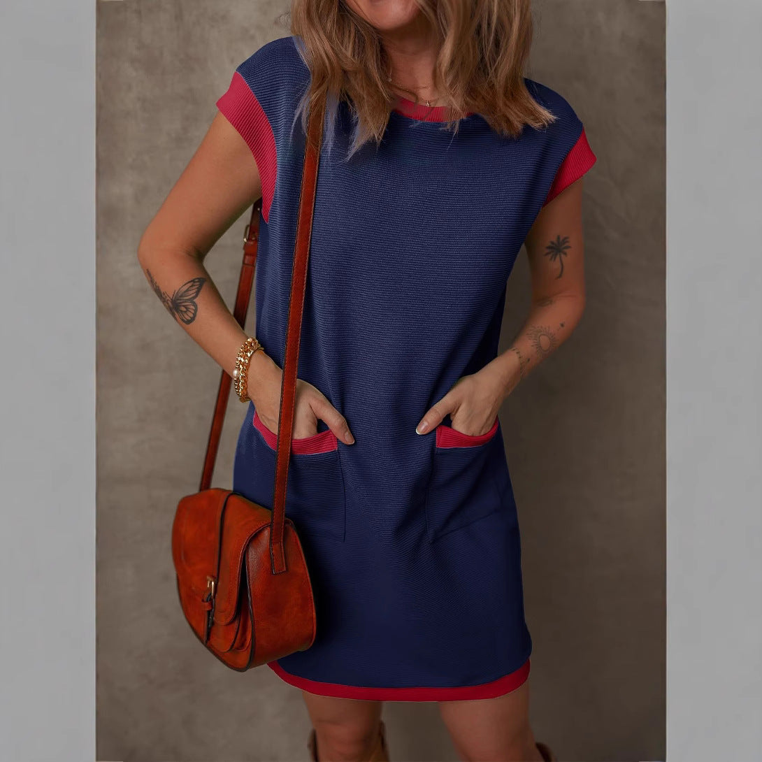 Women's Pullover Pocket Flap Sleeve Color-blocked Straight Dress