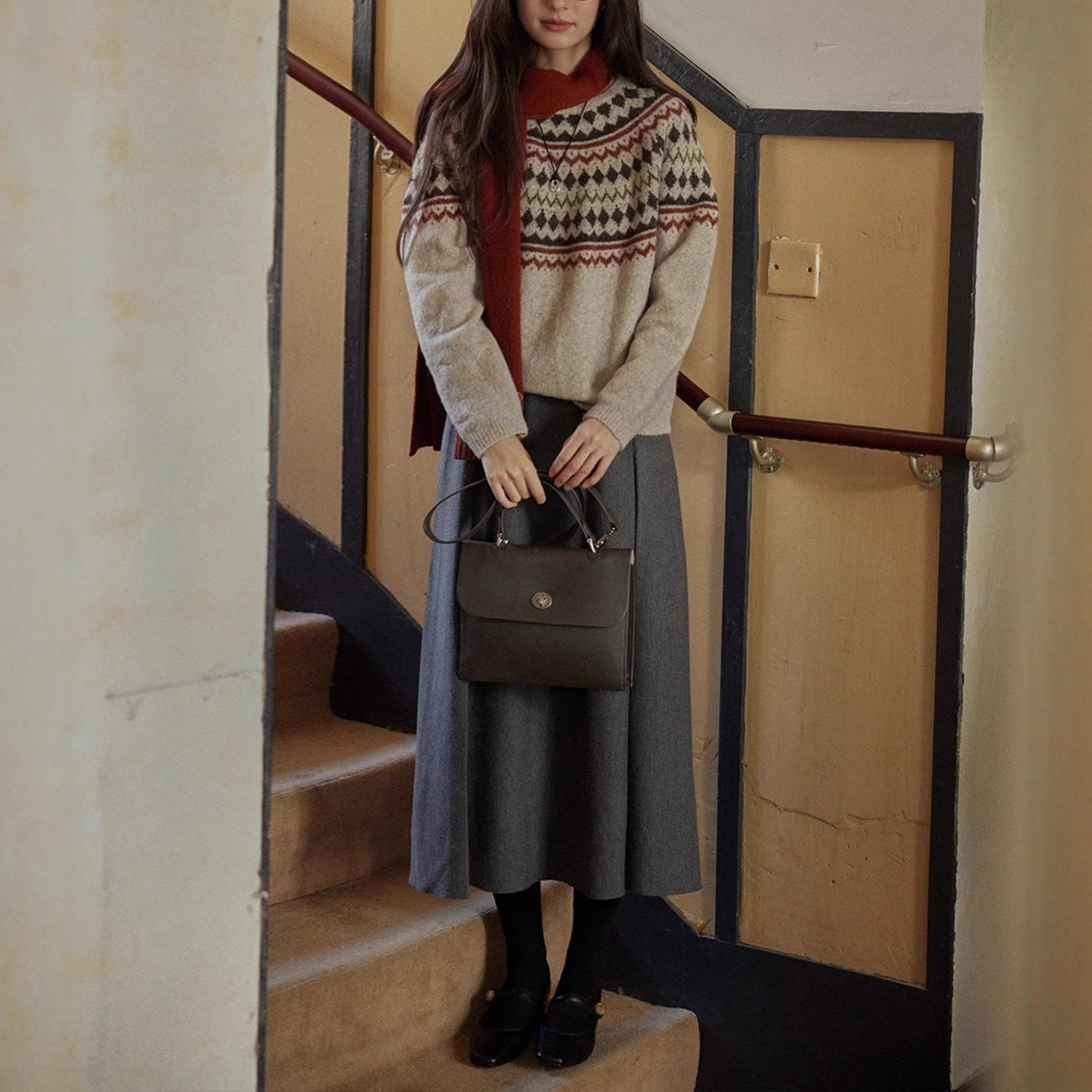 Wool Fair Isle Knit Crewneck Sweater Women Soft Top