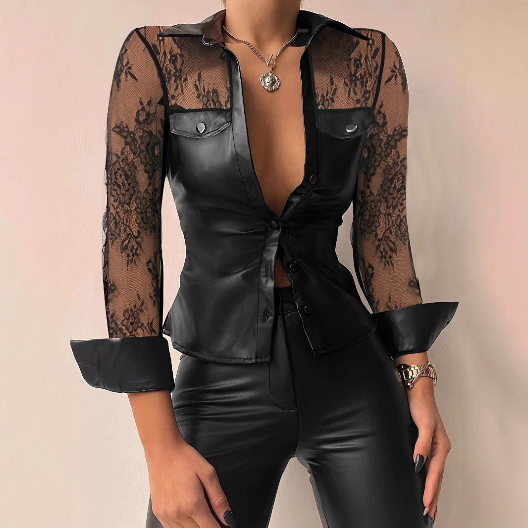 Lace Stitching PU Leather Shirt For Women