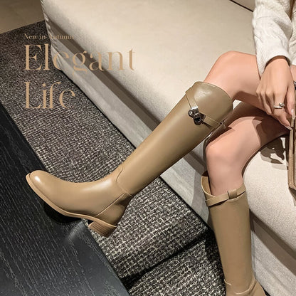 First Layer Cowhide Lock Knight Boots Big Tube Circumference Genuine Leather Below The Knee High Boots