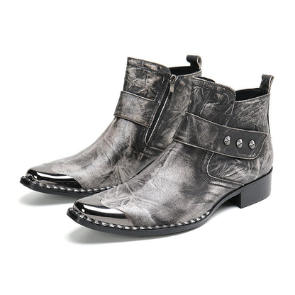 Chunky Heel Cowhide Gray Lace-up Motorcycle Boots Hairstylist Leather Boots