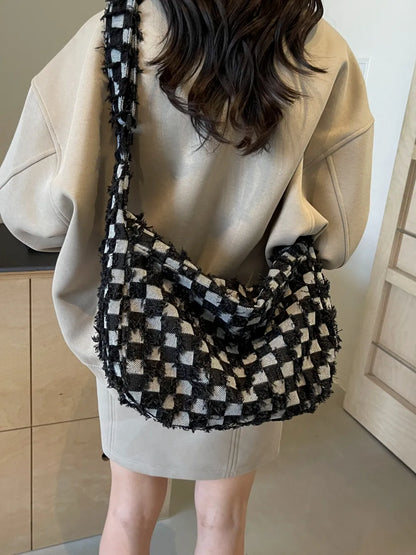 Checkered Raw Edge Denim Shoulder Bag