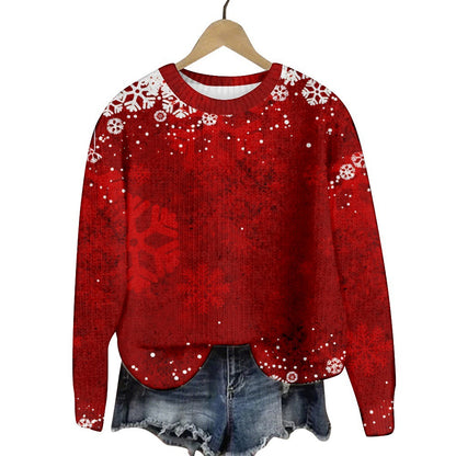 Christmas Cat Hat Snowflake Print Women's Round Neck Sweatshirt