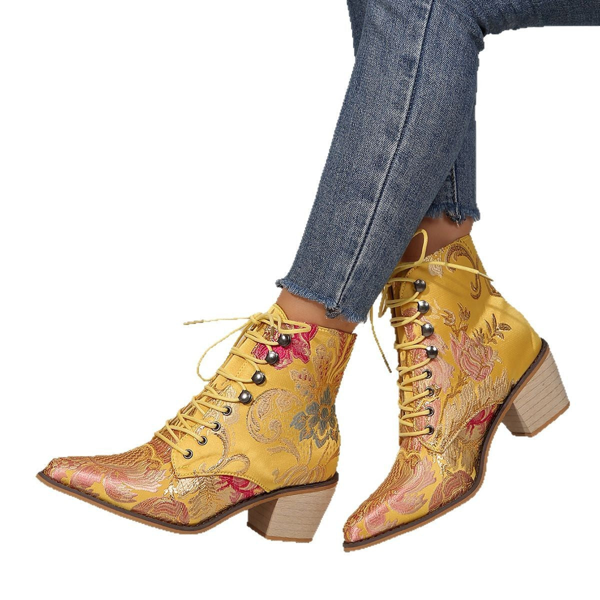 Large Size Ethnic Style Embroidered High Heel Lace-up Ankle Boots