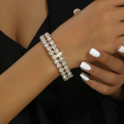 Elastic Bracelet Double Row Large Rhinestone Jewelry Wide Opening