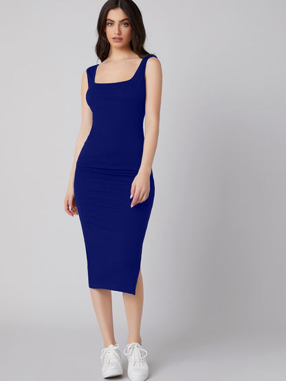 Aahwan Solid Bodycon Square Neck Midi Side Split Thigh Dress for Women's & Girl's - SD & CO.
