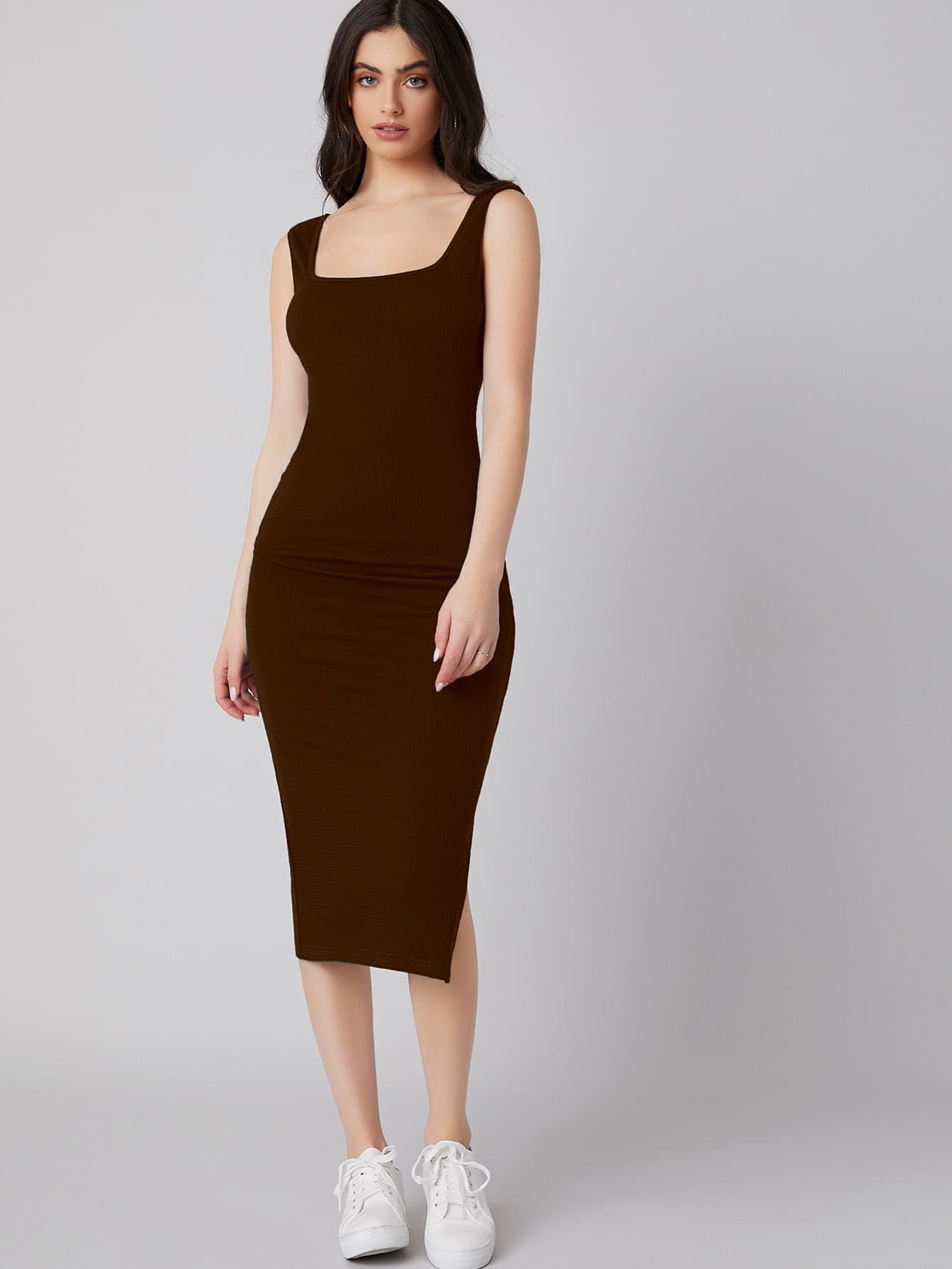 Aahwan Solid Bodycon Square Neck Midi Side Split Thigh Dress for Women's & Girl's - SD & CO.