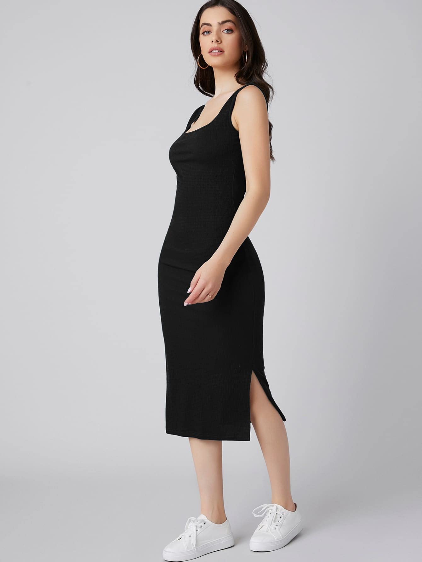 Aahwan Solid Bodycon Square Neck Midi Side Split Thigh Dress for Women's & Girl's - SD & CO.