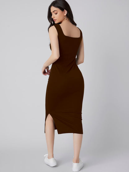 Aahwan Solid Bodycon Square Neck Midi Side Split Thigh Dress for Women's & Girl's - SD & CO.