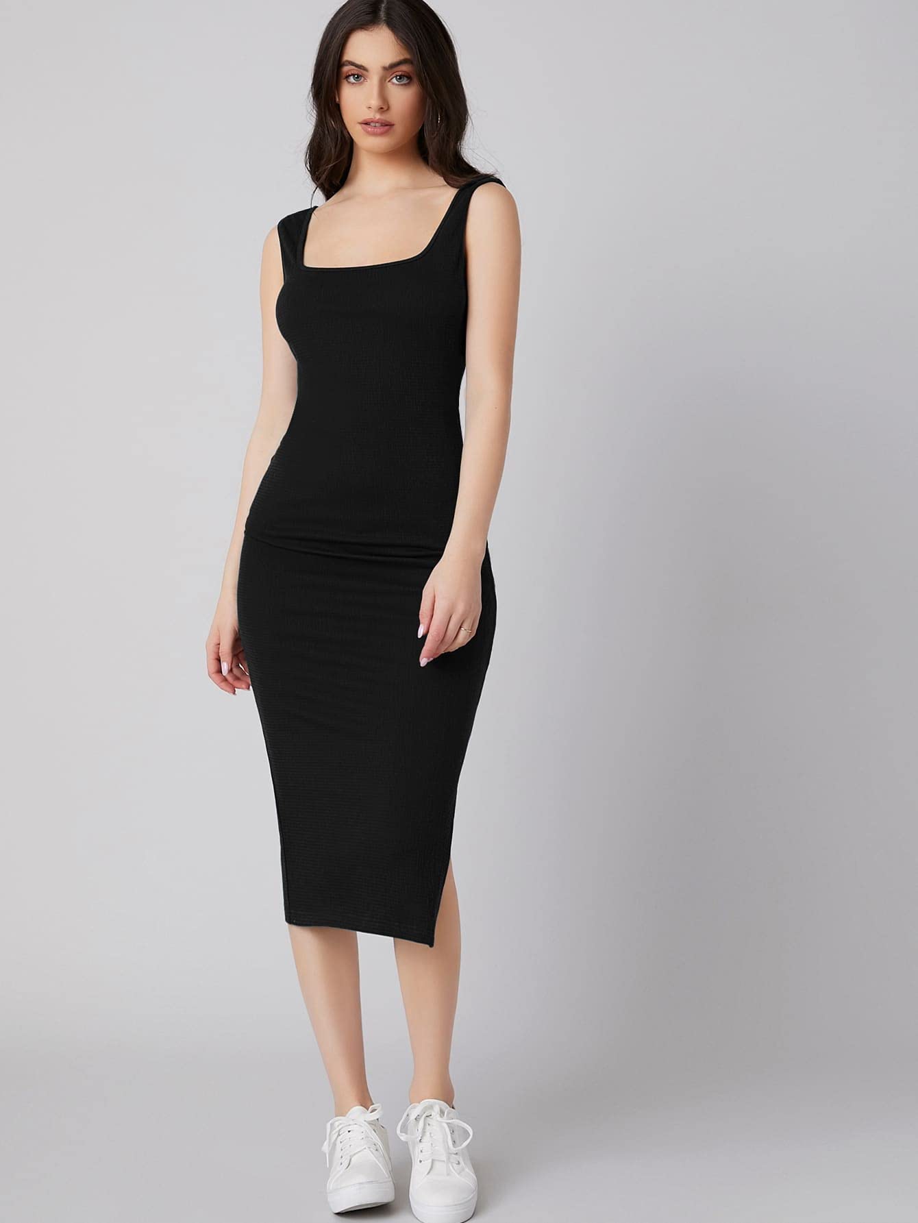 Aahwan Solid Bodycon Square Neck Midi Side Split Thigh Dress for Women's & Girl's - SD & CO.