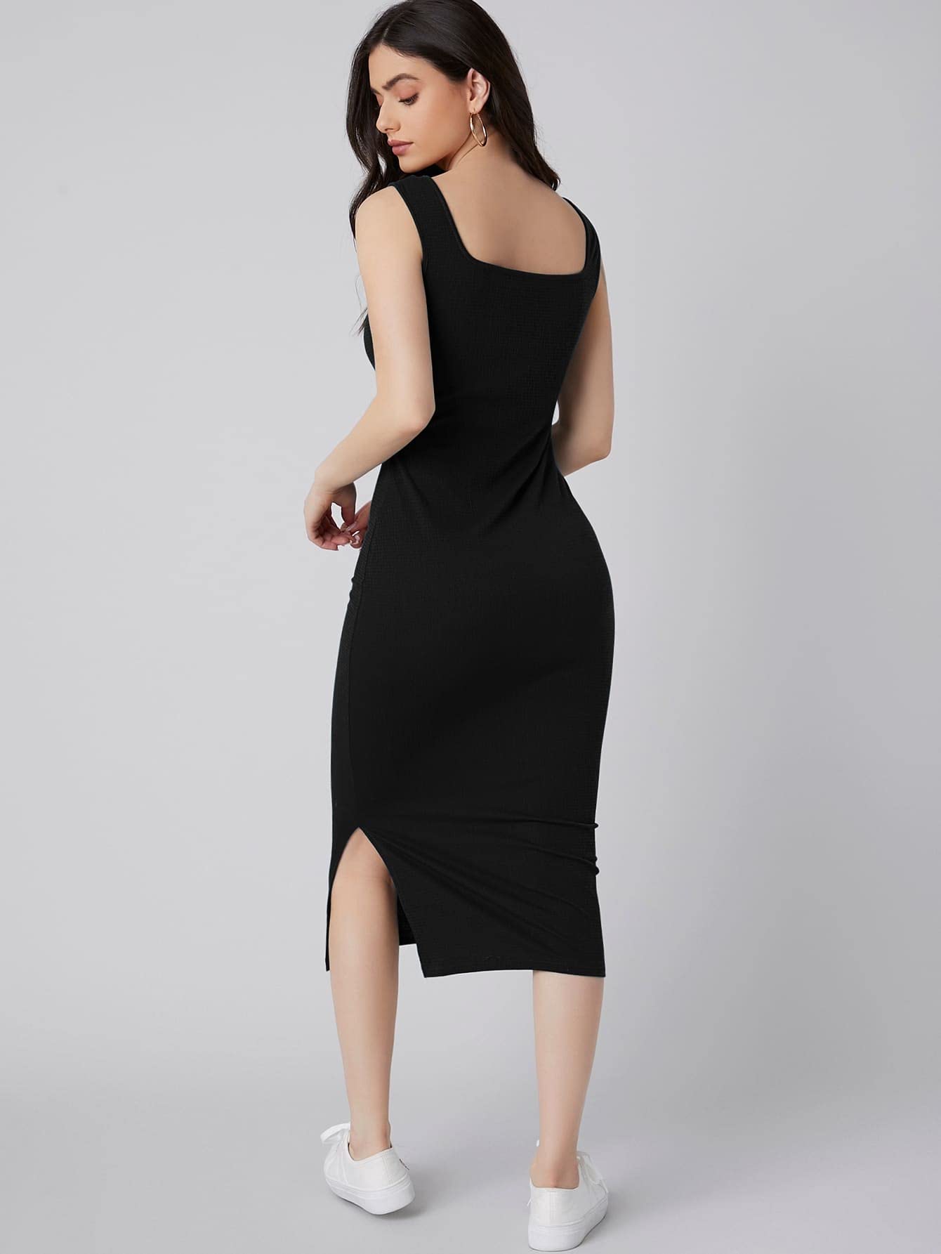 Aahwan Solid Bodycon Square Neck Midi Side Split Thigh Dress for Women's & Girl's - SD & CO.
