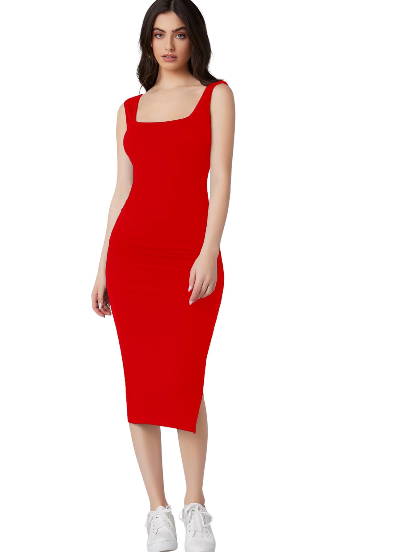 Aahwan Solid Bodycon Square Neck Midi Side Split Thigh Dress for Women's & Girl's - SD & CO.