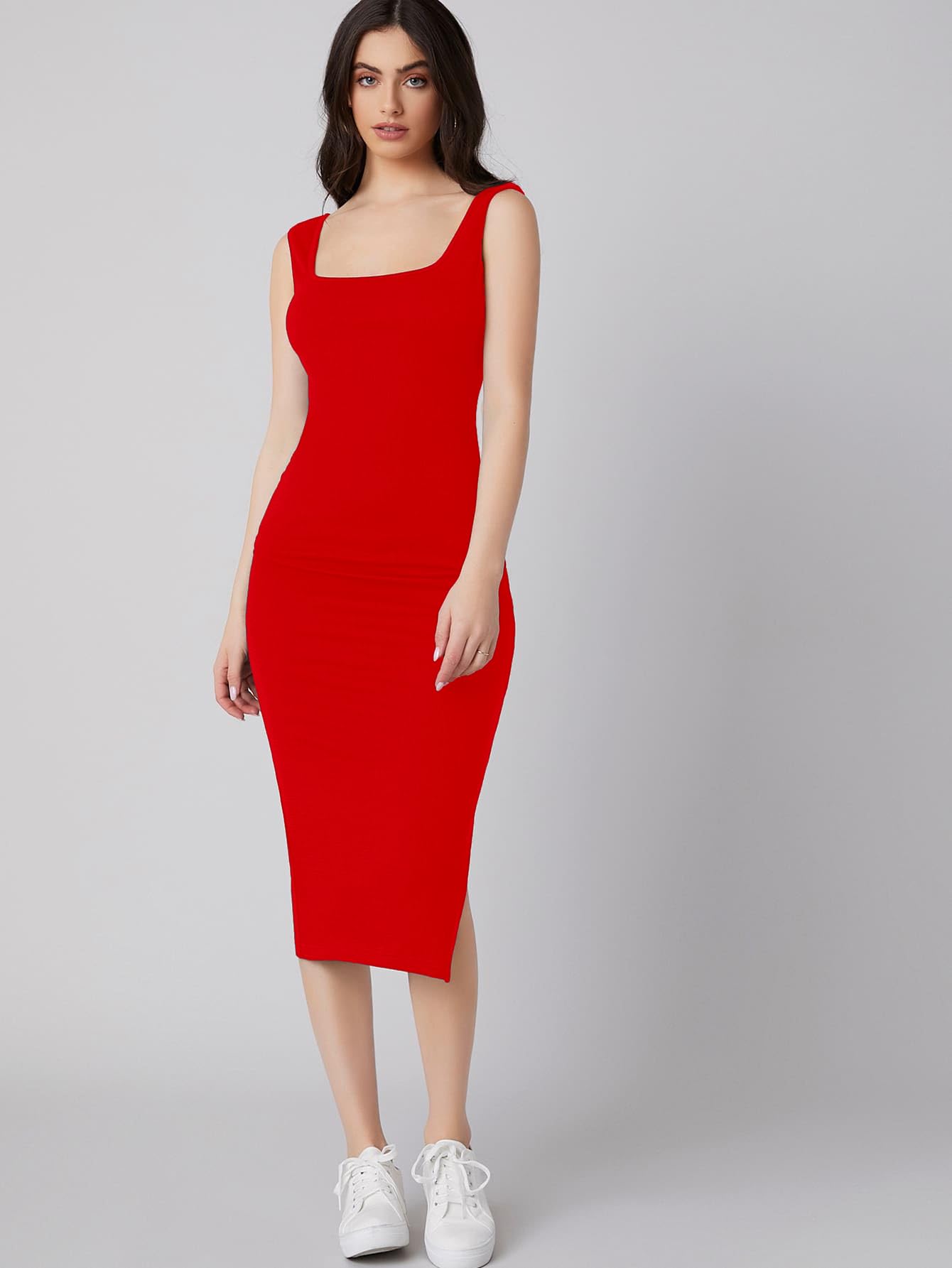 Aahwan Solid Bodycon Square Neck Midi Side Split Thigh Dress for Women's & Girl's - SD & CO.
