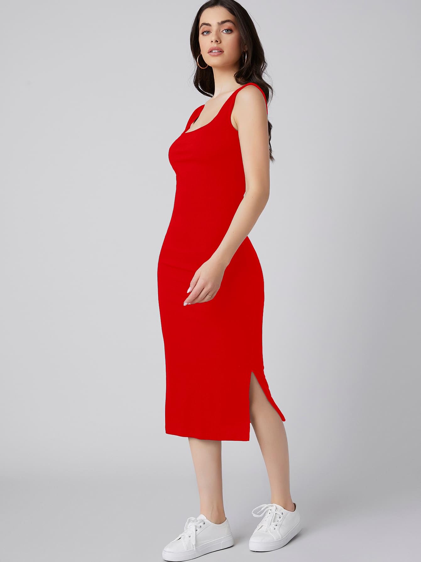 Aahwan Solid Bodycon Square Neck Midi Side Split Thigh Dress for Women's & Girl's - SD & CO.