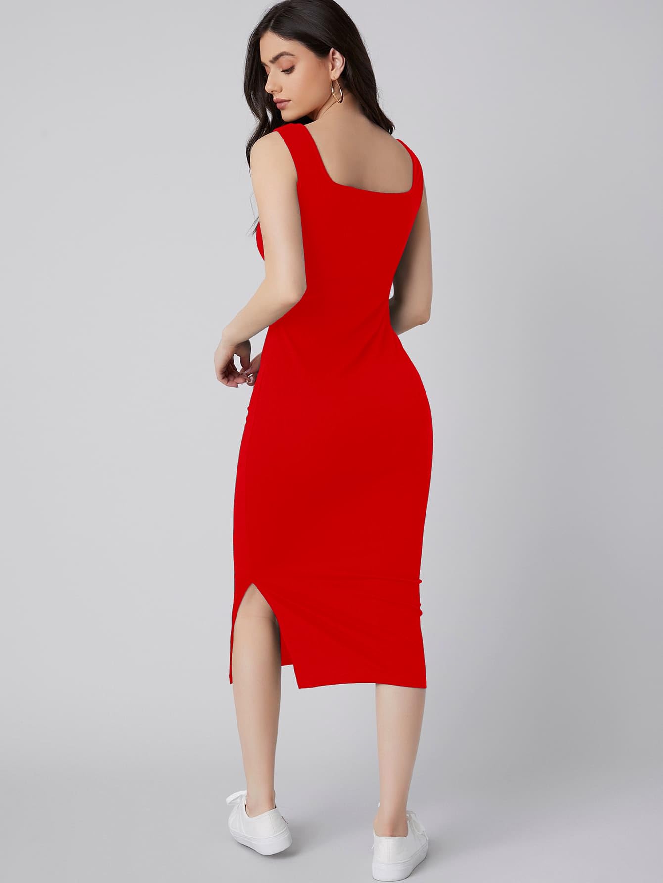 Aahwan Solid Bodycon Square Neck Midi Side Split Thigh Dress for Women's & Girl's - SD & CO.