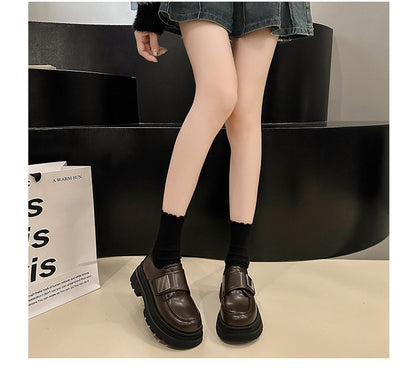 Women's Black Chunky Heel Leather Shoes British Style