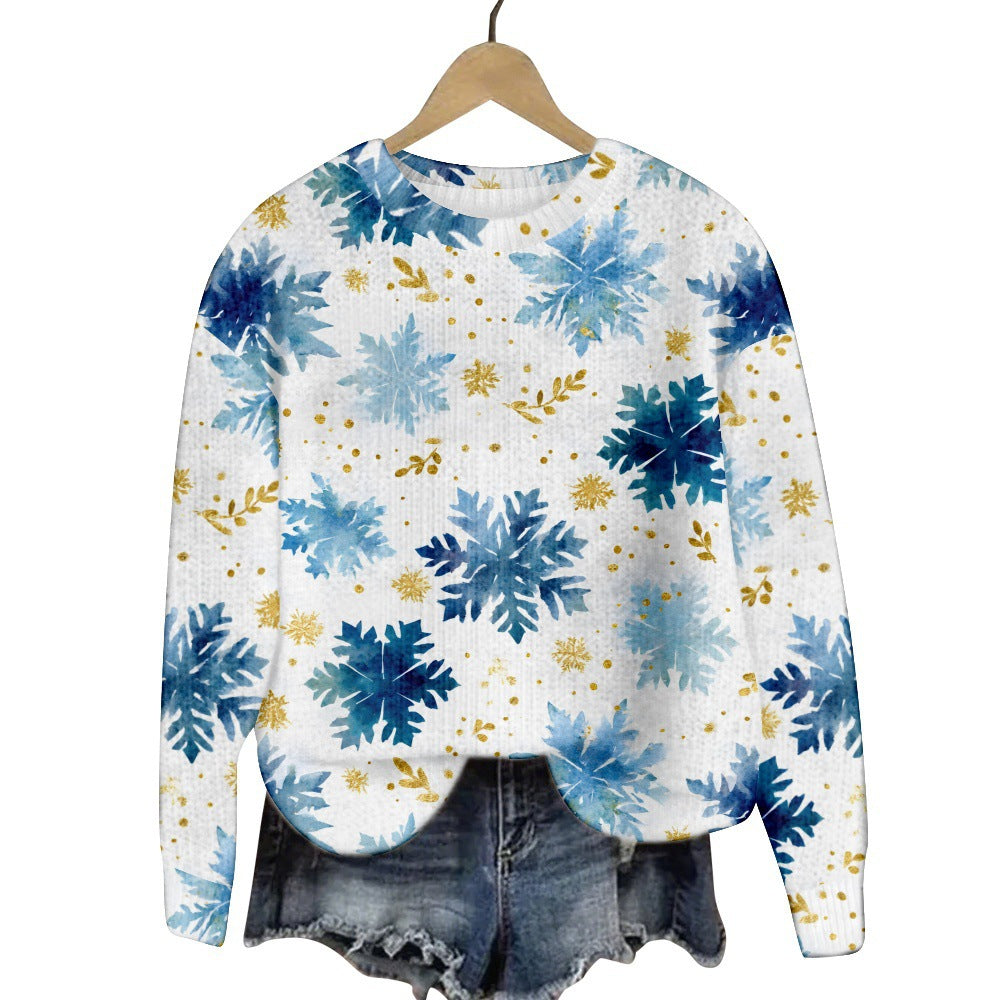 Christmas Cat Hat Snowflake Print Women's Round Neck Sweatshirt