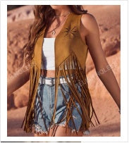 Women's Tassel Vest Sleeveless Hippie Faux Suede Tassel Jacket Cardigan