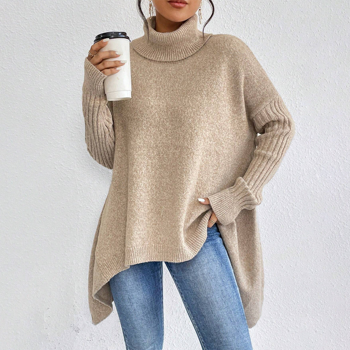 Irregular Turtleneck Sweater Winter Loose Long Sleeve Knitted Tops Leisure Warm Pullover Sweater Women's Clothing - SD & CO.