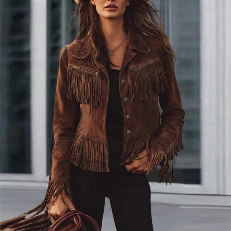 Women's Solid Color Fringe Suede-Look Jacket, Western Style Long Sleeve Button Front Coat For Fall & Winter - SD & CO.