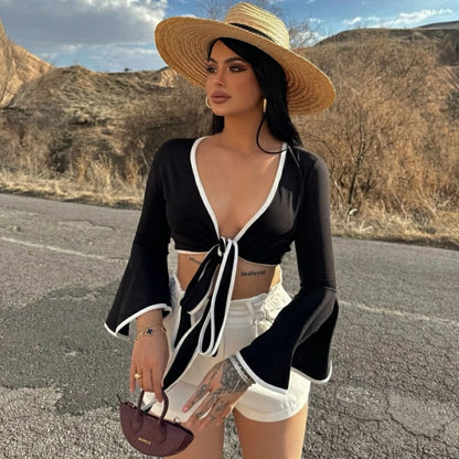 Copy of V-neck lace up long sleeved sexy spicy girl short top