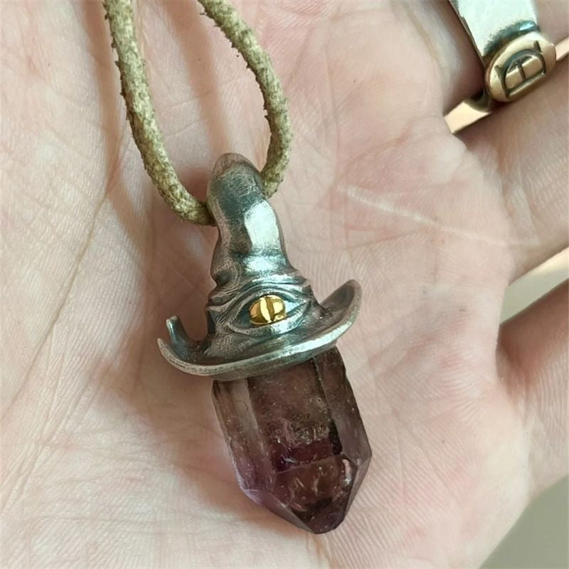 Retro Natural Amethyst Hexagonal Witch Hat Pendant Necklace
