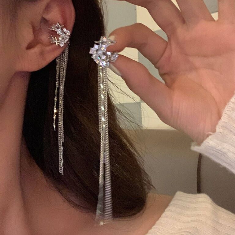 Moon Zircon Long Tassel Chain Earrings Without Ear Holes Small And Elegant Design
