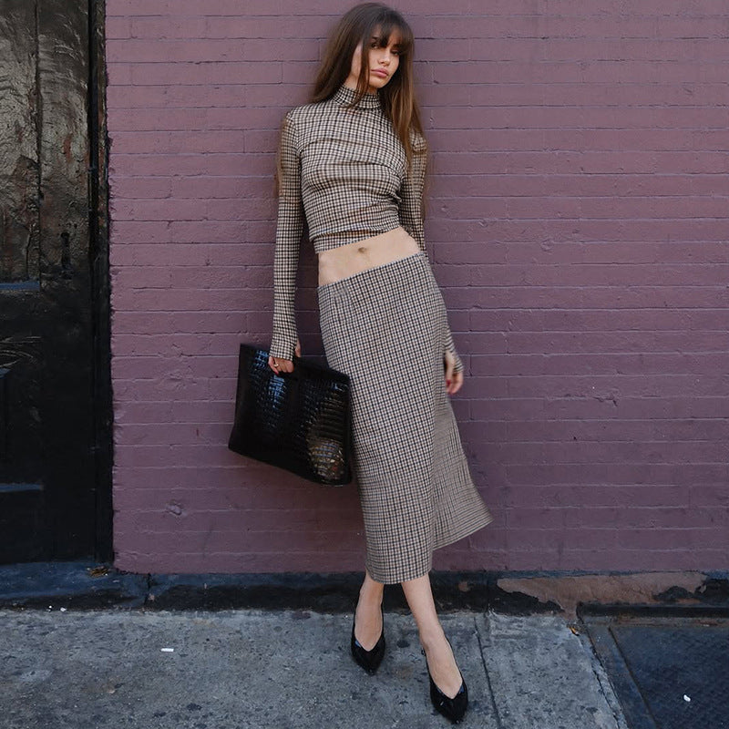 Fashion Plaid Print Long-sleeve Stand Collar Top Slim Fit Versatile Long Skirt Set