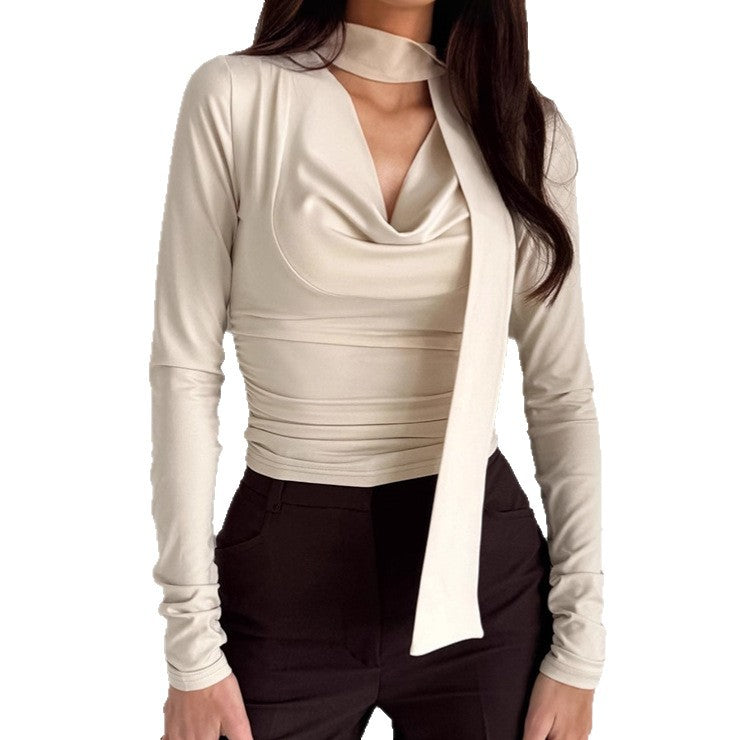 Retro Slim Ribbon Long Sleeve T-shirt For Women