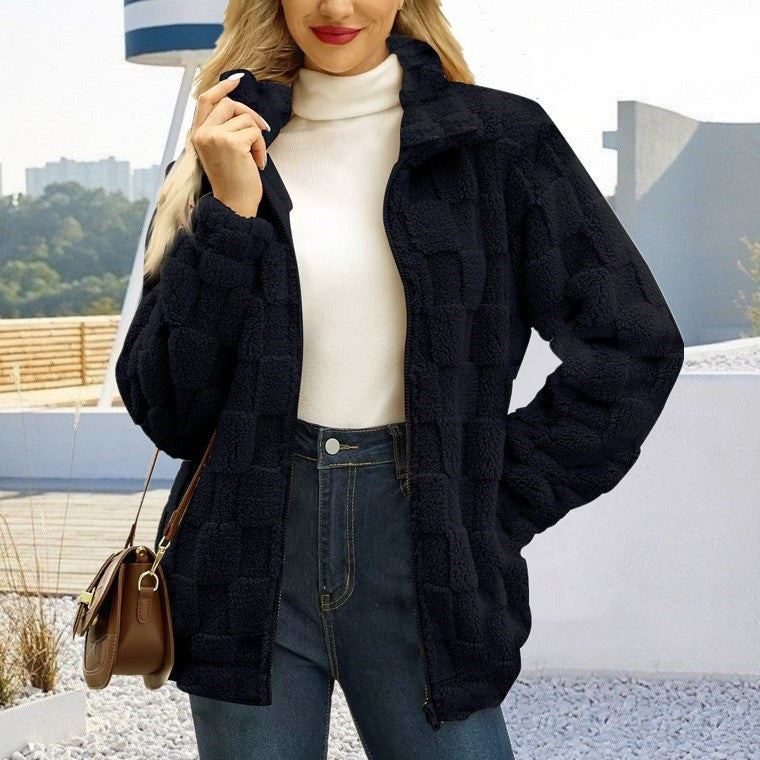 Women's Zipped Stand Collar Loose Jacquard Square Plaid Plush Coat - SD & CO.