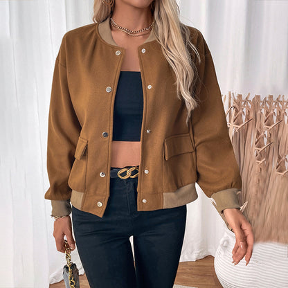Color blocked cardigan button up baseball collar jacket for women