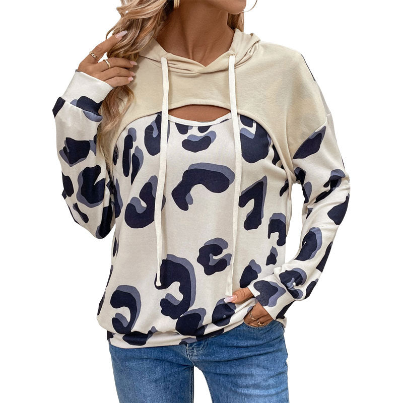 Leopard print patchwork fake two-piece hollowed out hooded sweatshirt for women