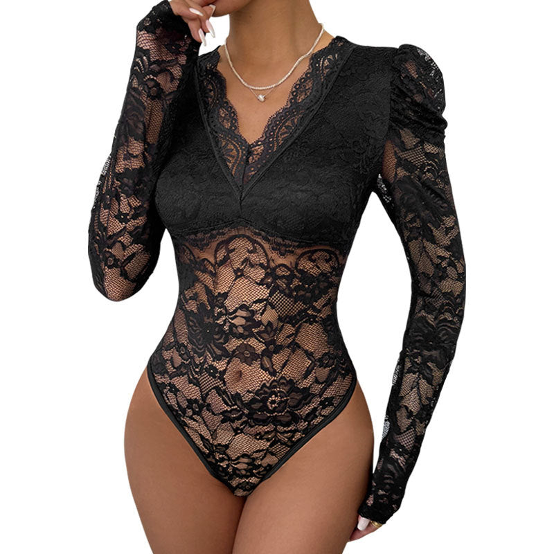 Lace patchwork bubble long sleeved slim fitting jumpsuit