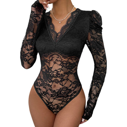 Lace patchwork bubble long sleeved slim fitting jumpsuit