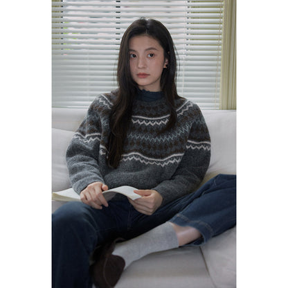 Wool Fair Isle Knit Crewneck Sweater Women Soft Top